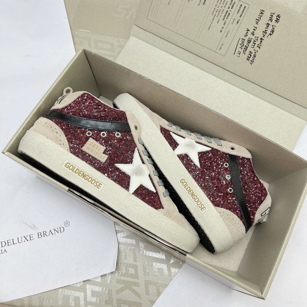 Golden Goose Mid Star In Burgundy Glitter With Gray Inserts And White Star